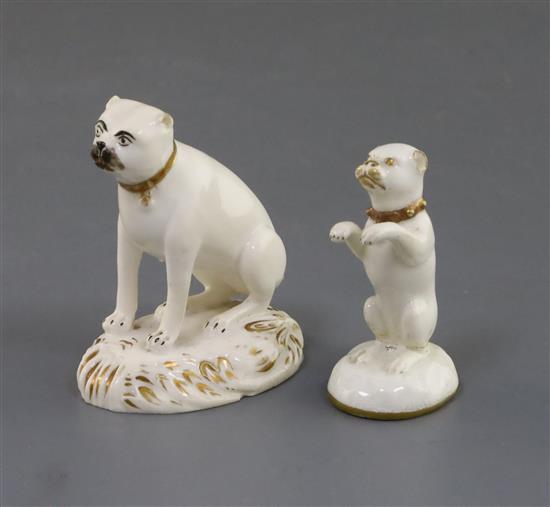 A rare Rockingham gilt and white porcelain figure of a begging pug and another of a seated pug, c.1826-30, 5.5cm and 6.5cm, former rest